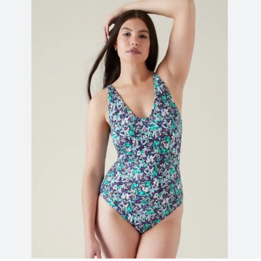 Athleta Seychelles One Piece Swimsuit XL Swim Blue Floral Resort Beachy Chic